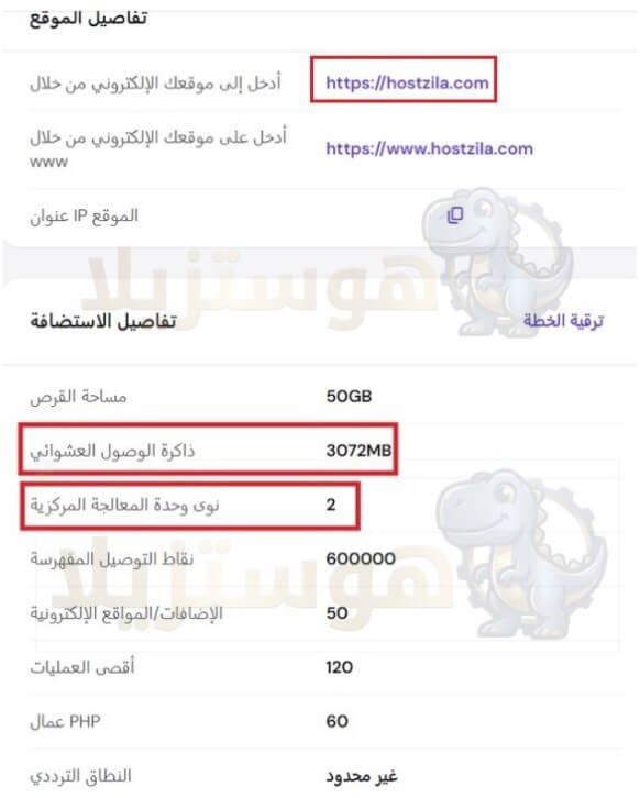 لقطة شاشة من لوحة تحكم هوستنجر توضح تفاصيل خطة بيزنس والسعة الكبيرة لموارد السيرفر من المعالج CPU والذاكرة RAM لضمان استقرار الموقع