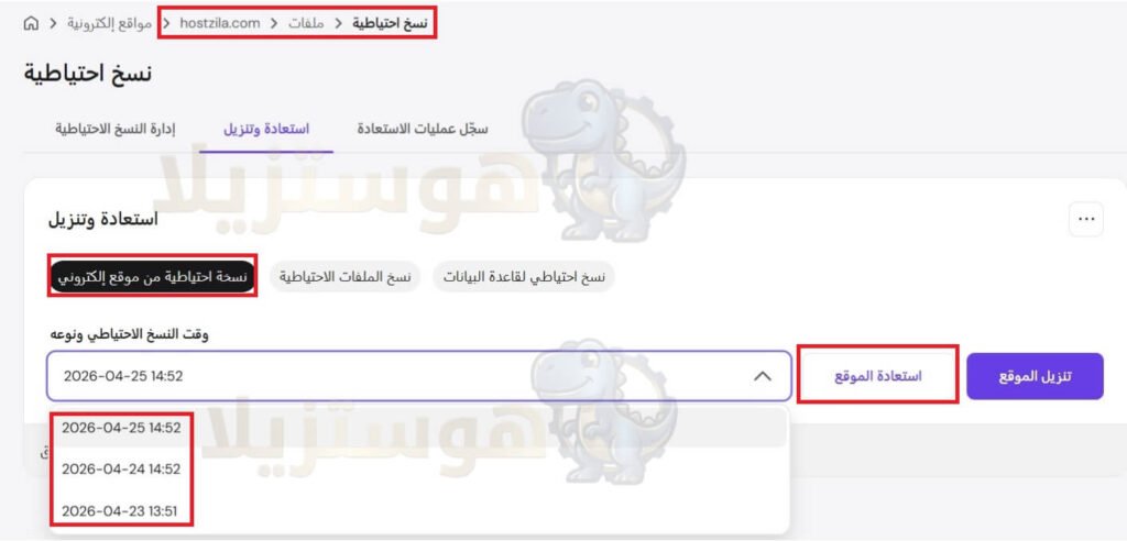 لقطة شاشة من لوحة تحكم هوستنجر توضح أداة النسخ الاحتياطي اليومي للمواقع وقواعد البيانات المتوفرة في خطة بيزنس